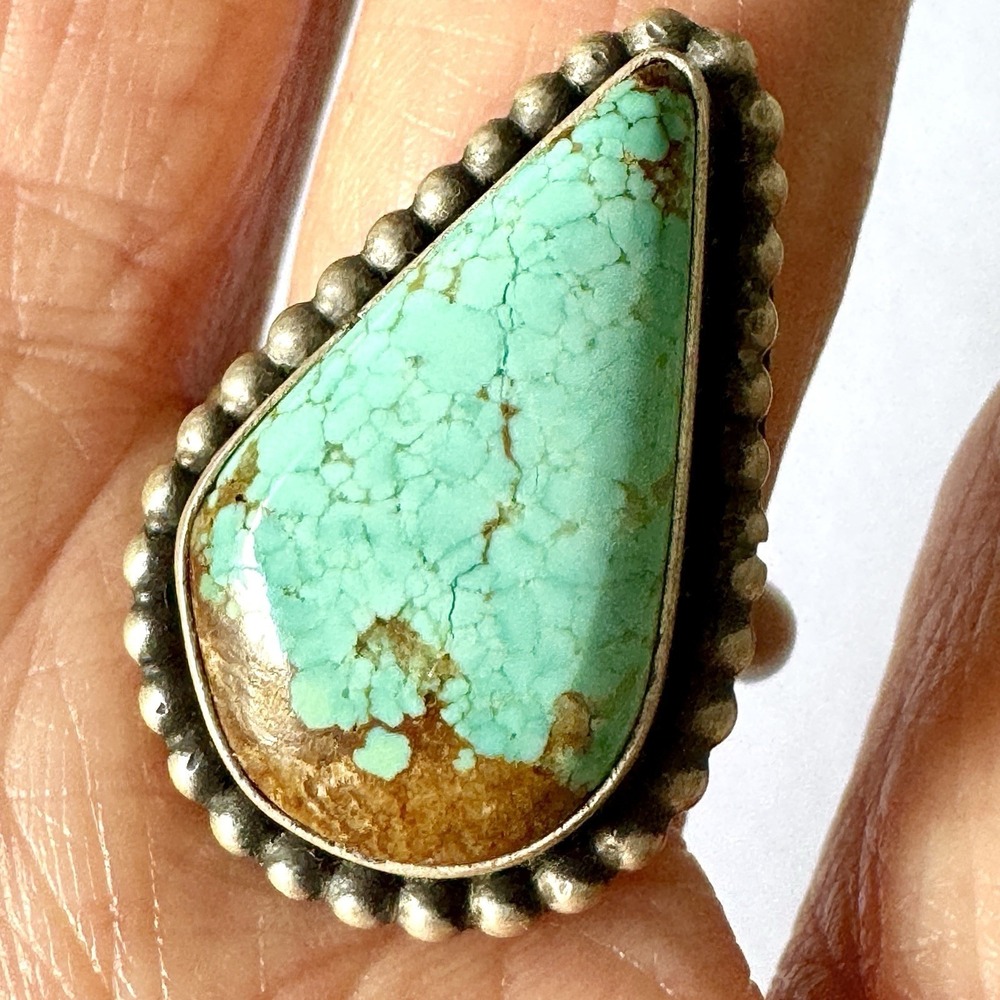 Navajo #8 Mine Turquoise Ring Sz 8.5 Teardrop Signed Skeets Sterling Native Amer - Picture 2 of 7